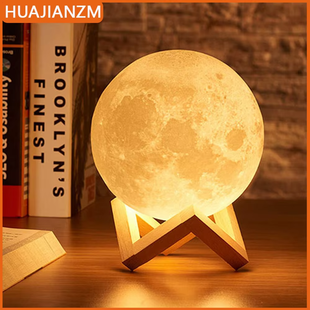 Luxury 3D Moon Lamp with Wooden Stand – Warm & Cool LED Night Light