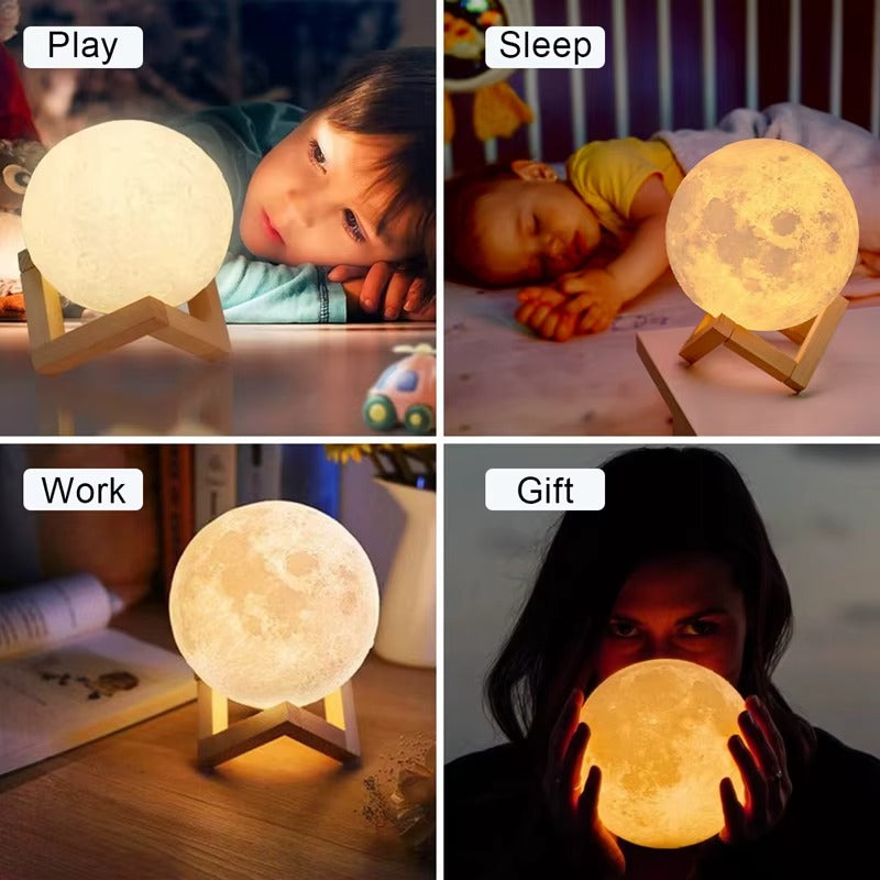 Luxury 3D Moon Lamp with Wooden Stand – Warm & Cool LED Night Light