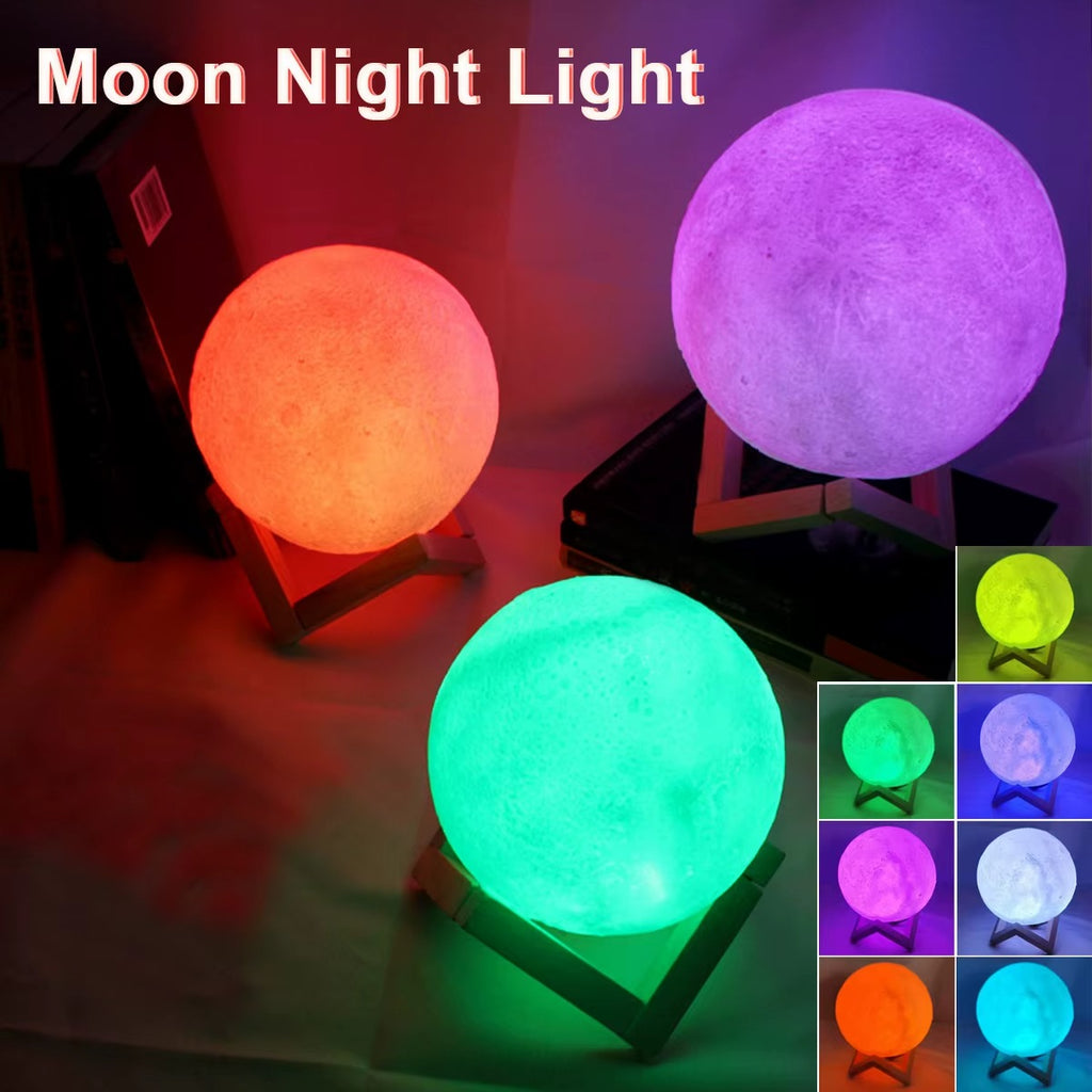 Luxury 3D Moon Lamp with Wooden Stand – Warm & Cool LED Night Light